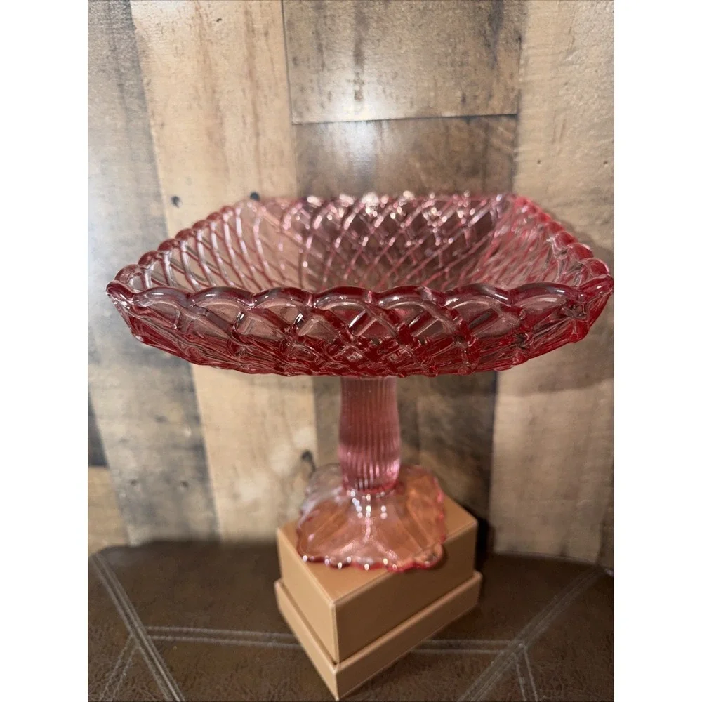 Vintage L.E. Smith Pink Trellis Pattern Glass Pedestal Compote Bowl Handmade